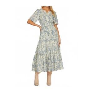 NEW STYLE USA woven floral print v neck tiered midi dress in blue